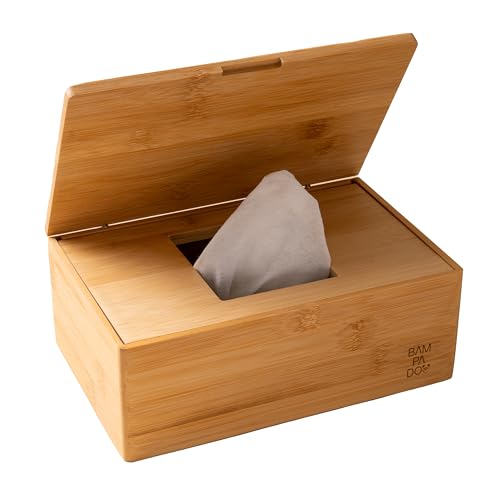 BAMPADOO Bambus Feuchttücherbox Feuchttücher Box Baby- mit Deckel und Silikonring - [LBH: 20 x 13,5 x 8cm] Natur Bambus Tücherbox Organizer Aufbewahrung Wickeltisch Kinderzimmer Bad Küche Kosmetik von BAMPADOO