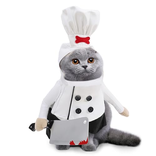 BAMY Halloween-Katzenkostüm und Hut, lustige Haustier-Kochkleidung mit Küchenmesser, kreative Kätzchenbekleidung für Cosplay, Katzen, kleine Hunde (Einheitsgröße, Koch ) von BAMY