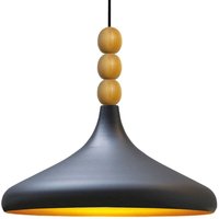Schlichte Schwarz Pendelleuchte mit Drei Perlen und Holzkopf - Vintage-Kronleuchter E27 Ø35 cm für Wohnzimmer, Schlafzimmer oder Esszimmer von BAMYUM