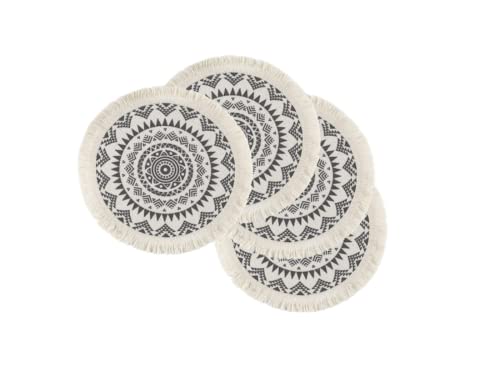 BANCONI Tischsets Stoff rund beige grau 4er-Set Mandala Muster Platzsets Deckchen Platzdeckchen runde Untersetzer Gläser Blumentopf Teller Topf Boho Deko von BANCONI