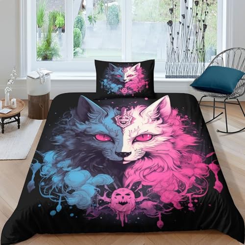 BANEUBBDE Schwarzer und weißer Wolf Bettbezug Set Bettwäsche Kinderbettwäsche Reißverschluss Mit Kissenbezügen Betten Set Für Jungen Und Mädchen, Kinder Single（1Tier5x200cm） von BANEUBBDE