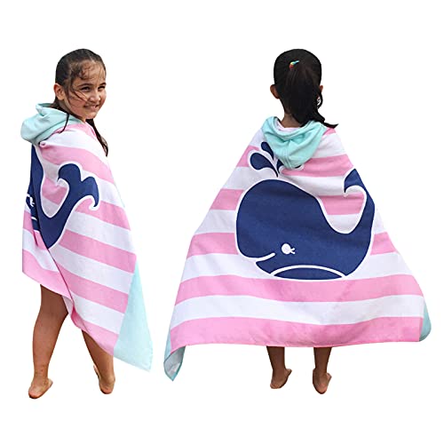 Kapuzenhandtuch für Kinder, 100 % Baumwolle, weich und saugfähig, Pool-Badetuch, Strand, Schwimmen, Bademantel, Coverups für Mädchen und Jungen, Größe XL: 76,2 x 127,7 cm, rosa gestreifter Wal von BANGSAUR