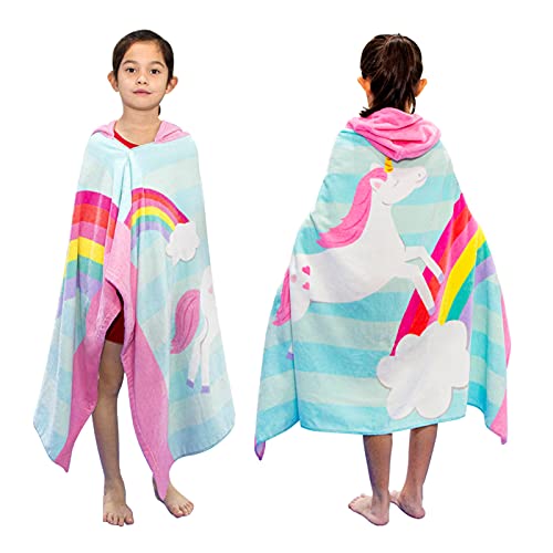 BANGSAUR Kinder-Badetuch mit Kapuze, 100% Baumwolle, 127x 76cm Wickel, Kinder, Kleinkinder, Mädchen, Jungen, 3–12 Jahre (Regenbogen-Einhorn) von BANGSAUR