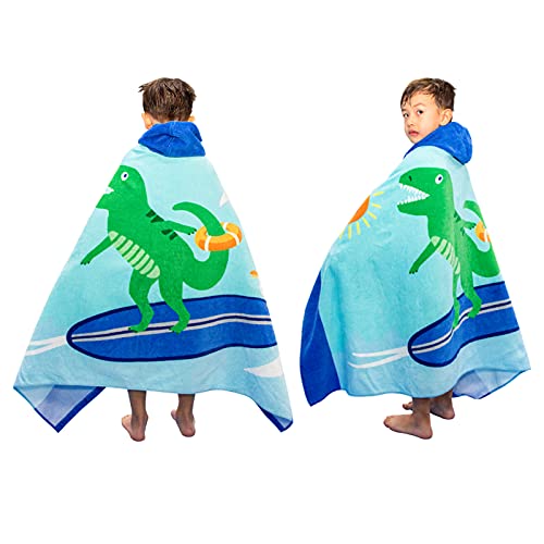 BANGSAUR Kinder-Strandtuch mit Kapuze, 100% Baumwolle, weich und saugfähig, Badetuch, Badetuch, Überzieher für Jungen und Mädchen, extra Größe: 127×76cm (T-Rex surfen) von BANGSAUR