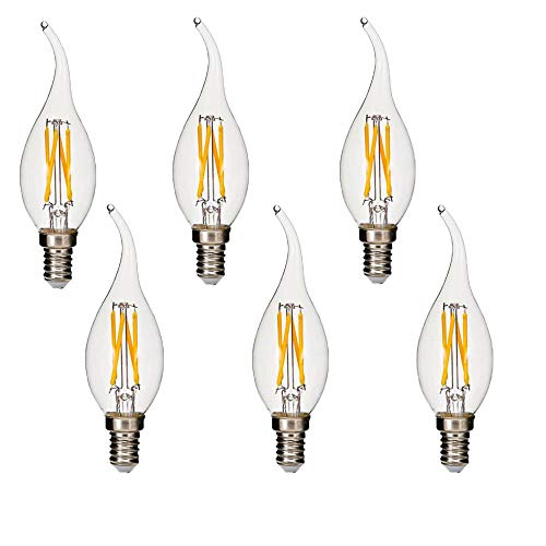 BANGSHUO 6er E14 Vintage Kandelaber LED-Lampen 4W C35 400 Lumen Warmweiß 2700K LED Kronleuchter Glühbirnen E14 40W Äquivalent, C35 Filament LED Kerzenlampe E14 Flammenspitze Nein Dimmbar von BANGSHUO