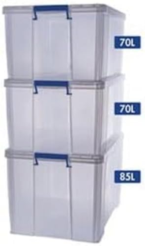 BANKERS BOX 7731301 Prostore Multipack Boxen 2 x 70 Liter + 1 x 85 Liter Kunststoff mit Deckel, super widerstandsfähig, BPA-frei, stapelbar, transparent von BANKERS BOX
