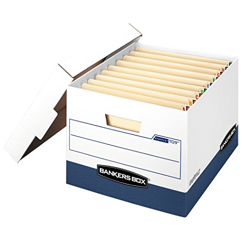BANKERS BOX STOR/File End Tab Heavy Duty File Storage Boxes, FastFold, Lift-Off Lid, White/Blue, 12 Stück von BANKERS BOX