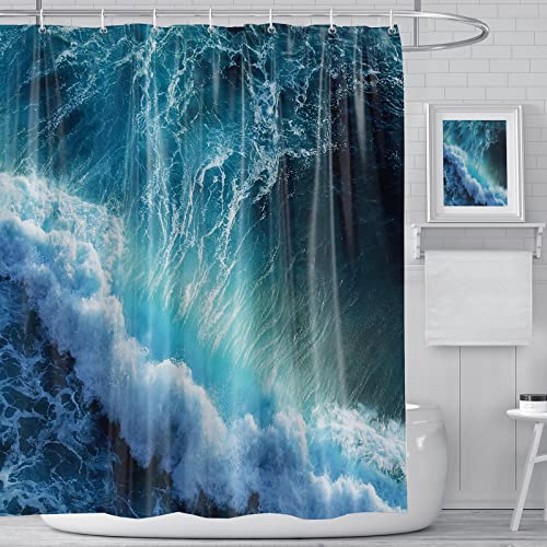 Duschvorhang, blau, schimmelfest, wasserdicht, 3D-Ozeanwellen, Badezimmervorhänge mit 12 Haken, schnelltrocknend, gewichtet, 180 x 180 cm, Polyester, Duschvorhänge für Badezimmer, Feuchtraum, Wanne von BANLMEYD