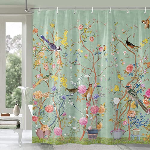 Duschvorhang, grün, schimmelresistent, wasserdicht, Vogel-Blumenmuster, Badezimmer-Vorhänge mit 12 Haken, schnelltrocknend, gewichtet, 180x180 cm, Polyester, Feuchtraum, Wanne von BANLMEYD