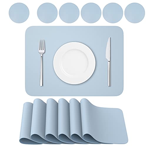 BANNIO 6er Set Tischsets abwaschbar,Abwischbar Lederoptik Platzset und Untersetzer,Wasserdicht PVC Platzdeckchen Tischset für Hause Küche Restaurant und Hotel,41x31cm,Hellblau von BANNIO