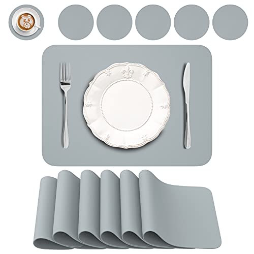 BANNIO 6er Set Tischsets Abwaschbar,Abwischbar Lederoptik Platzset und Untersetzer,Wasserdicht PVC Platzdeckchen Tischset für Hause Küche Restaurant und Hotel,41x31cm,grau von BANNIO