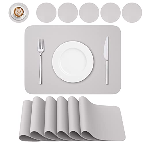 BANNIO 6er Set Tischsets Abwaschbar,Abwischbar Lederoptik Platzset und Untersetzer,Wasserdicht PVC Platzdeckchen Tischset für Hause Küche Restaurant und Hotel,41x31cm,Hellgrau von BANNIO