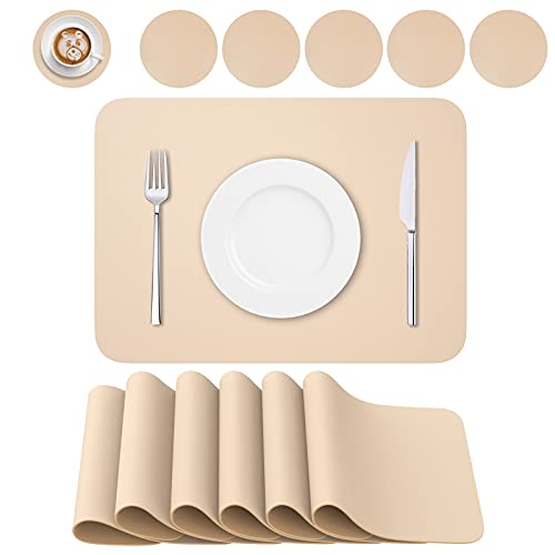 BANNIO 6er Set Tischsets abwaschbar,Abwischbar Lederoptik Platzset und Untersetzer,Wasserdicht PVC Platzdeckchen Tischset für Hause Küche Restaurant und Hotel,41x31cm,Beige/Rosa von BANNIO