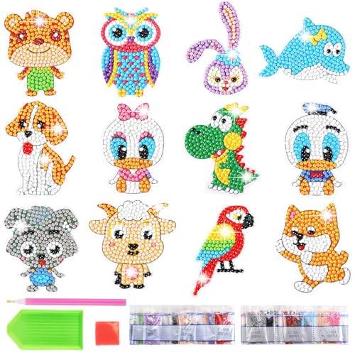 BANTI Diamond Painting Kinder Sticker DIY Diamant Aufkleber Set Tiere Diamond Painting 12 Stück 5D Malerei Diamontpating Tiermalerei Diamant Gemälde Aufkleber Kit für Kinder Anfänger Erwachsene von BANTI