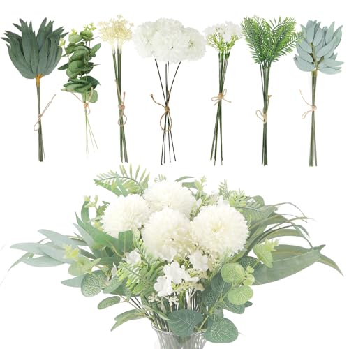 Künstliche Zweige Kunstblumen Weiß Blütenblätter Künstlich Dekozweige Kunstpflanzen Blumenstrauß Eukalyptus Hortensien für DIY Kunstblumenstrauss Brautstrauß Hochzeit 59 Stück von BANTI