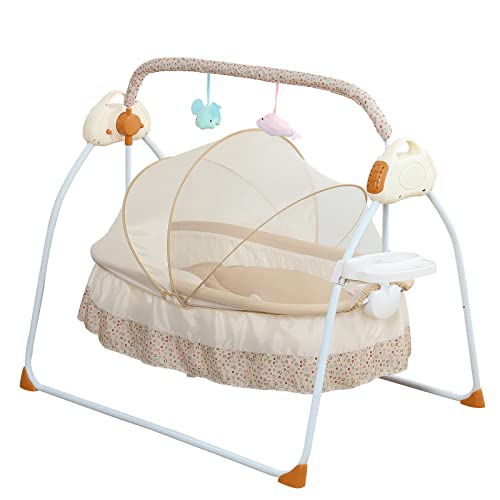 BAOCHADA Babywiege Babybett Automatischer Babyschaukelstuhl, 5 Gänge Babywiege mit Fernsteuerung&Timing Funktion, Baby Stubenwagen mit 12 Liedern und Bluetooth&USB Verbindungsfunktionen(Khaki) von BAOCHADA