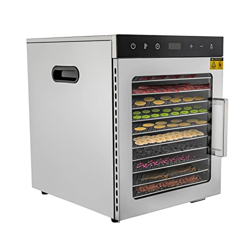 BAOCHADA Edelstahl Dörrautomat, Dörrgerät für Obst und Gemüse mit LED-Anzeige und 6/10/16Einlegefächer,Temperaturregelung (30-90°C), 24h-Timer,Dehydrator von Gemüse, Fleisch (10 Einlegefächer) von BAOCHADA