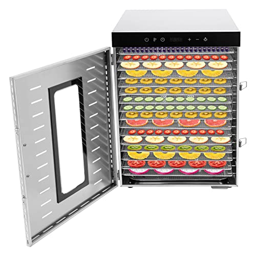 BAOCHADA Edelstahl Dörrautomat, Dörrgerät für Obst und Gemüse mit LED-Anzeige und 6/10/16Einlegefächer,Temperaturregelung (30-90°C), 24h-Timer,Dehydrator von Gemüse, Fleisch (16 Einlegefächer) von BAOCHADA
