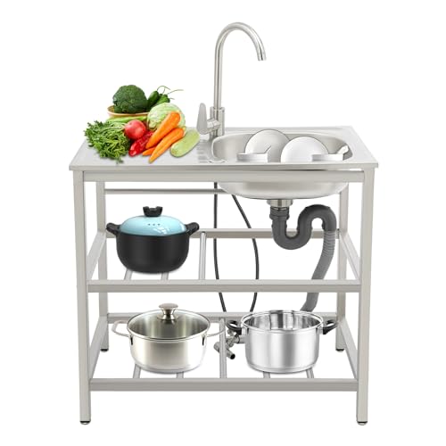 BAOCHADA Edelstahl Werkbank Spülbecken Freistehende Einzelbecken, Mobile Spüle Edelstahl Küchenspüle mit Ablagefach und Handschuhe, Outdoor Spüle für Waschküche/Garage/Hinterhof (Modell B) von BAOCHADA