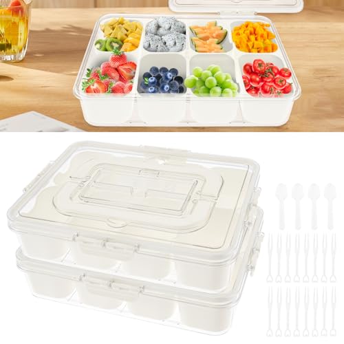 BAODBF 2 Stück snackbox mit 8 fächern und deckel auslaufsicherer snackteller,Tragbar snackschale mit griff,snackdose mit Löffel und Gabel,snack aufbewahrungsbox für Süßigkeiten Obst Gemüse Nüsse von BAODBF