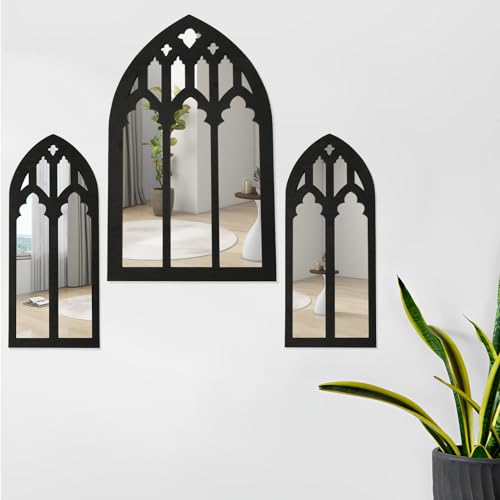 BAODBF 3pcs gewölbte Fenster Wandspiegel Set Gothic Wandspiegel Dekor Kathedrale gewölbter Spiegel Dekor Selbstklebende Wälderspiegel für Wohnzimmer Schlafzimmer Badezimmer Eitelkeit Eingang von BAODBF