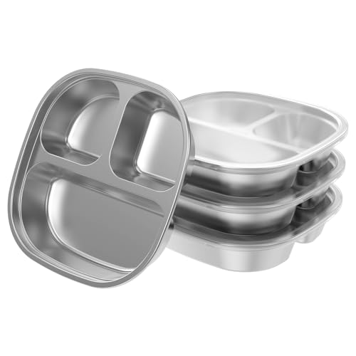 BAODBF 4 Stück Geteilte Teller Kinder Geschirrset mit Staubschutzhülle,Spülmaschinenfest Edelstahl Kinderteller,Es Gibt Drei Fächer Baby Geschirrset,Toddler Plate für Camping,Schule von BAODBF