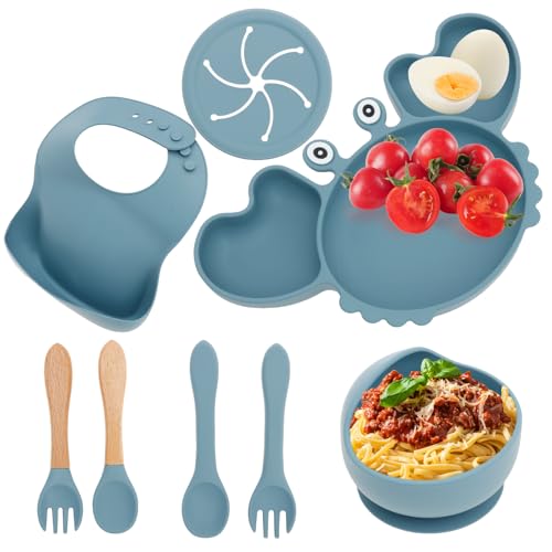 BAODBF 8 Stück Kinder Teller Baby,Kinder Geschirrset mit Schale,Kinderteller Unterteilt,Silikon Baby Geschirrset,Plastikteller mit Gabeln und Löffel,Toddler Plate,Geteilte Teller für Reis,Brot,Obst von BAODBF