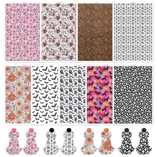 Halloween-Transferpapier für Polymerton, Kürbis, Geist, Spinnen, Netze, Totenköpfe, Katzen, Gitter, Flaschen, wasserlösliche Transferblätter für Polymerton, DIY, Kunst, Schmuck, Ohrringe, 16 Stück von BAOFALI