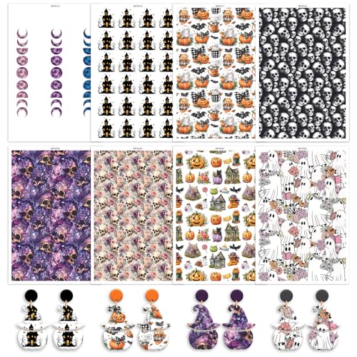 Halloween-Transferpapier für Polymerton, Kürbis, Geist, Spinnen, Netze, Totenköpfe, Katzen, Gitter, Flaschen, wasserlösliche Transferblätter für Polymerton, DIY, Kunst, Schmuck, Ohrringe, 16 Stück von BAOFALI