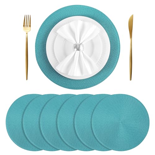BAOFIN Runde gewebte Tischsets 6er Set, Herbst Tischsets für Thanksgiving, 38,1 cm, Türkis - Waschbar Rutschfest von BAOFIN