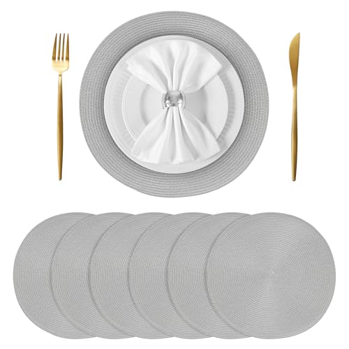 BAOFIN Runde Tischsets für den Innen- und Außenbereich, waschbar, gewebt, rutschfest, 38,1 cm, Hellgrau, 6 Stück von BAOFIN