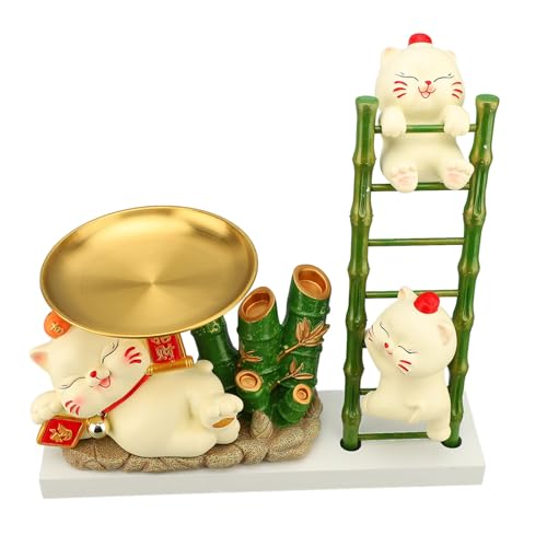 BAOFUYA Schöne Skulptur -Bonbon -Harz Harz Schlüsselhalter Dekorative Tablett, Handgefertigter Snackspeicher für Office Desktop (7303C -03 Lucky Cat Beige) von BAOFUYA