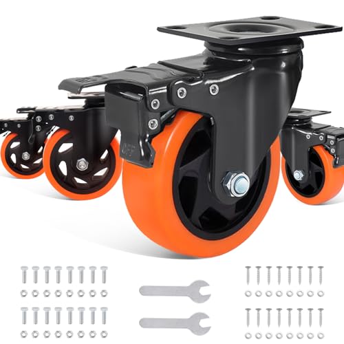 BAOLIHUI 100mm Orange Schwerlastrollen - 4er Set Lenkrollen mit Bremsen bis 600KG inkl. Montagezubehör Möbelrollen für Innen- und Außenbereich - Rollen für Möbel Multifunktionale Transportrollen von BAOLIHUI