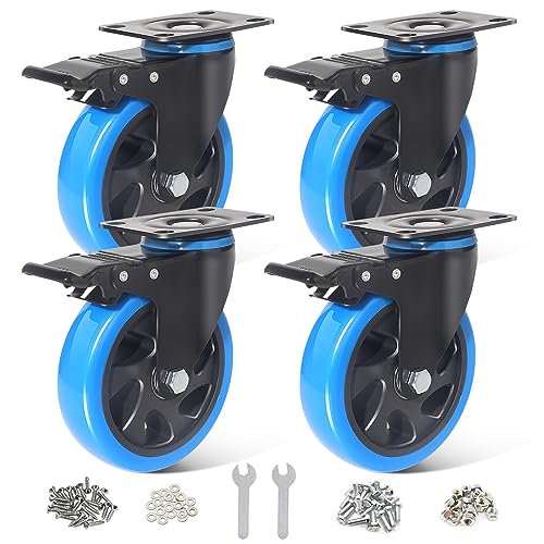 BAOLIHUI 125mm Schwerlastrollen Blau 4er Set Möbelrollen Bis zu 800KG, 360 Grad Doppelverriegelung Rollen mit Bremse, inkl. Schrauben & Staubschutzring - Ideal für Werkbänke Werkzeugwagen Paletten von BAOLIHUI