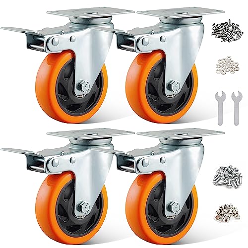 BAOLIHUI 4er Set Lenkrollen für Möbel 100MM Möbelrollen mit Bremse 600KG Schwerlastrollen Rollen für Möbel Transportroller Werkbank Werkzeugwagen Paletten orange von BAOLIHUI