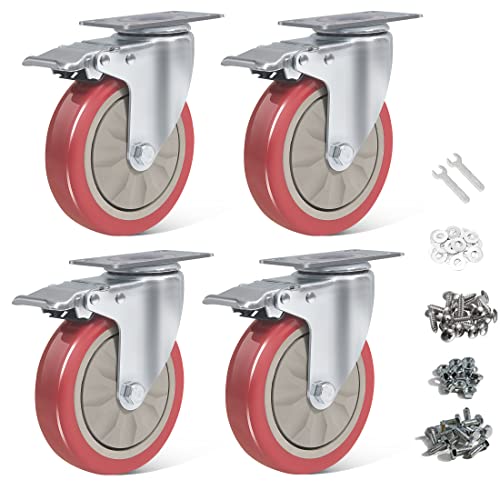 BAOLIHUI 4er Set Lenkrollen für Möbel 125MM Möbelrollen mit Bremse Schwerlastrollen 800kg Rot Rollen für Möbel Transportroller Werkbank Werkzeugwagen Paletten Transportrollen Rollen mit Schrauben von BAOLIHUI