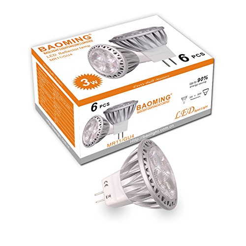 BAOMING GU4 MR11 35mm Durchmesser 3Watt,AC/DC 12V LED Lampe 35W Gluhlampe 250lm Warmweiße Farbtemperatur 2700K LED Leuchtmittel ersetzt 35 Watt Halogen Punktbeleuchtung 6er Pack von BAOMING