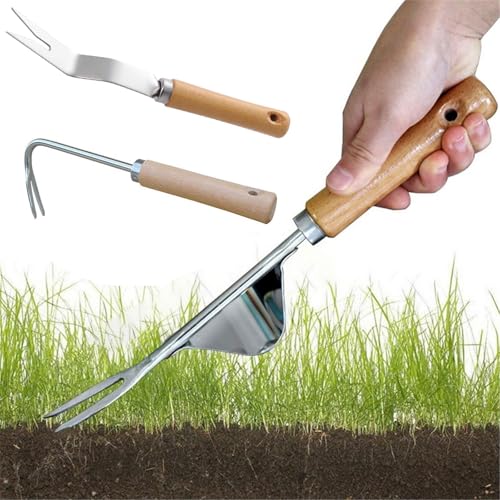 BAOSROY Unkrautstecher Edelstahl,3pcs Unkrautstecher,Manueller Unkrautjäter,Wurzeljäter mit Holzgriff,Edelstahl Unkrautstecher Gartengeräte,Manueller Weeder zum Graben,Jäten,Lösen von BAOSROY