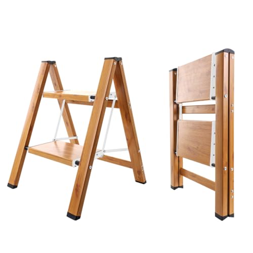 BAOYOUNI 2 Stufen Trittleiter klappbar Aluminium Tragbare Stufenleiter Kleine Leiter Haushaltsleiter Klappleiter mit Breitem Anti-Rutsch Pedal, Belastbar bis 150 kg, Holzmaserung Farbe+Weiß von BAOYOUNI