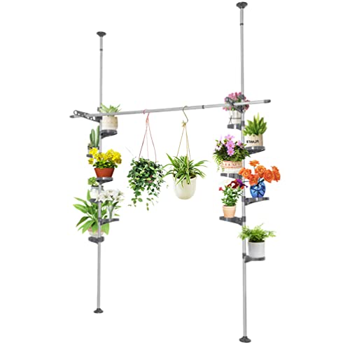 BAOYOUNI Teleskop Blumenregal Innen Pflanzenregal Doppelstange Blumenständer aus Metall und Kunststoff mit 12 Tabletts, 2 Haken, 1 Verstellbare Teleskopstange, Höhenverstellbarer 230-290 cm, Grau von BAOYOUNI