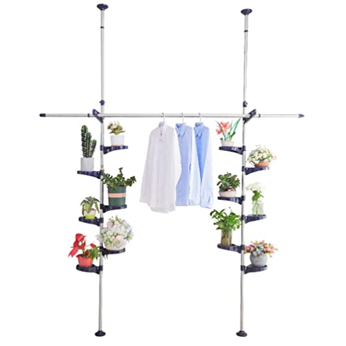 BAOYOUNI Teleskop Blumenregal Innen Pflanzenregal Höhenverstellbarer Doppelpol Pflanzenständer aus Metall und Kunststoff mit 12 Tabletts, 2 Haken, 1 Verstellbare Teleskopstange, Navy Blau von BAOYOUNI
