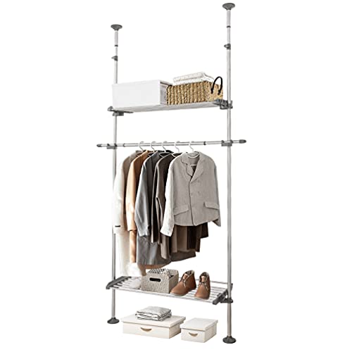 BAOYOUNI Teleskop Garderobenständer Kleiderständer ohne Bohren Kleiderstange mit 2 Ablagen und 1 Teleskopstange, Höhenverstellbar 240-310cm, für Wohnzimmer, Schlafzimmer, Ankleidezimmer, Grau von BAOYOUNI