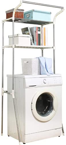 BAOYOUNI Waschmaschinenregal mit 2 Ablagen und Hängestange, Badezimmerregal Platzsparend ohne Bohren, Toilettenregal aus Metall, Einfach zu Montieren, 65,5 x 49,5 x 173cm, Elfenbein von BAOYOUNI