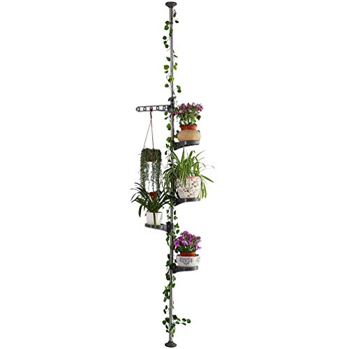 BAOYOUNI 5-Schicht Indoor Teleskop Pflanzenständer Blumentreppe Metall Blumen Display Rack Federbelastete Spannung Pole Space Saver Blumentopf Hängeregal Blumenregal Pflanzentreppe Regal, Grau von BAOYOUNI