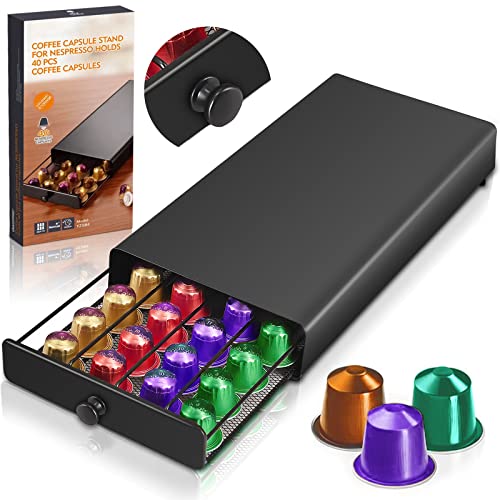BARAKYEG Kapselhalter für Nespresso von 40 Kaffeekapseln für Kapselmaschine,Schublade zur Kaffeepads Aufbewahrung,mit handhaben,Kapselständer,Nespresso Kapselhalter Ständer mit Netzförmigen Fächern von BARAKYEG