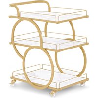 BarberPub Servierwagen mit Rollen, Küchenwagen Barwagen Metallgestell Weiß-Gold, Modern Rollwagen Mehrzweckwagen mit 3 Ebenen, für Küche, Bad, von BARBERPUB