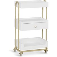 BarberPub Servierwagen mit Rollen & Schublade, Rollwagen Friseurwagen Weiß-Gold, Salon Trolley mit 3 Ablagen, Moderner Arbeitswagen für Bad von BARBERPUB