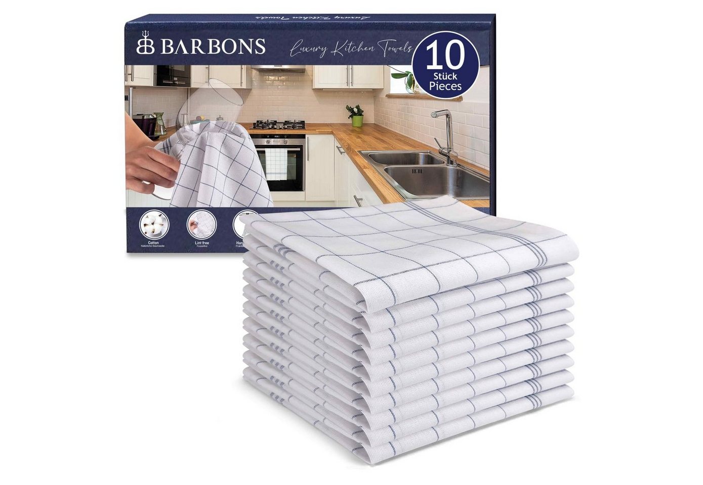 BARBONS Geschirrtuch Geschirrtücher, Allzweck Tücher, Trockentuch, (10 er, 10-tlg), Premium Qualität, 100% Baumwolle, Blau von BARBONS