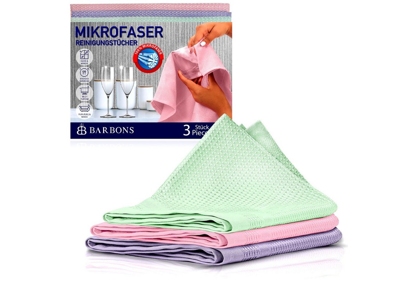 BARBONS Mikrofasertücher Geschirrtücher Allzwecktücher Fenstertücher Mikrofasertuch (100% Mikrofaser, 60x40 cm, 1 Packung, 3-tlg., Allzwecktücher, Streifenfrei, Staubfrei Auto) von BARBONS