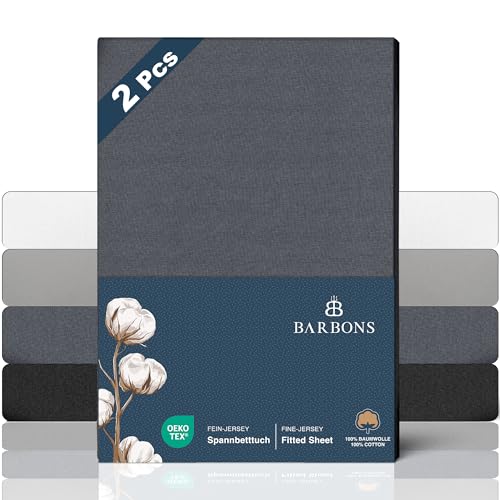 BARBONS Premium Spannbettlaken 140x200cm – Oeko-TEX Zertifiziert, 100% Baumwolle Spannbettlaken, Bettlaken Jersey, Spannbetttuch, bis 25 cm Matratzenhöhe (Dunkelgrau - 140x200 2er) von BARBONS